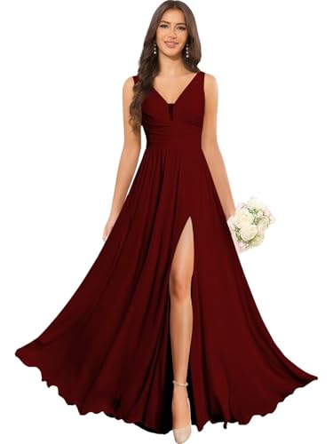 Women's Bridesmaid Dresses for Women V Neck Pleated Chiffon Backless Formal Prom Dress with Slit