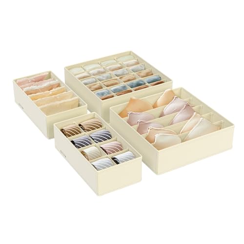 SONGMICS Unterwäsche-Organizer 4er Set, Schubladen-Organizer, faltbar, Ordnungssystem Kleiderschrank, Aufbewahrungsbox Schrank, Stoffboxen Aufbewahrung, für BHs, Socken, Krawatten, beige RUS04M