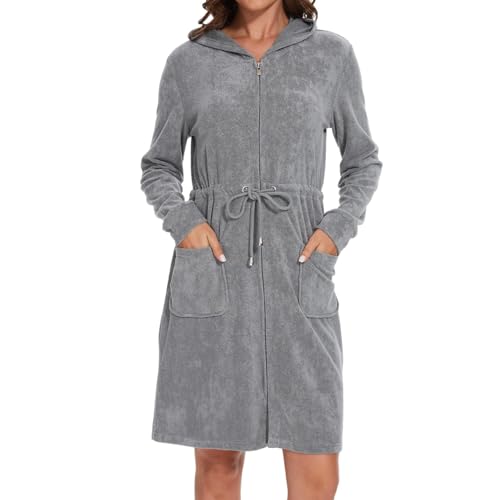 Mnamo Elegante albornoz para mujer con capucha y cremallera de rizo, corto y ligero, gris, XL