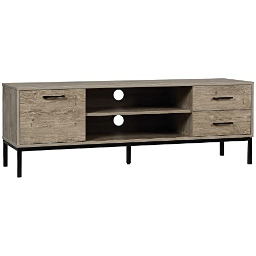 HOMCOM Mueble TV Banco TV de Madera para televisores de hasta 50' con Armario 2 cajones 2 hornacinas 2 prensaestopas para salón Comedor Dormitorio, 132 x 39 x 45,5 cm Gris Negro