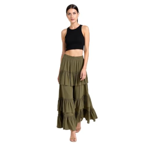 Women's Solid 3-Layer Frill Maxi Skirt – Long Flowing Viscose Skirt, Tiered Boho Style for Casual & Dressy Wear