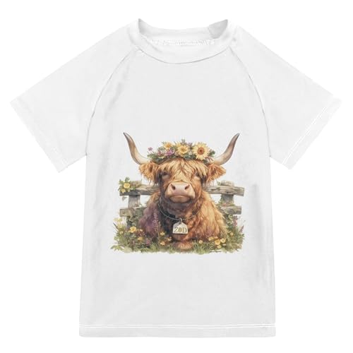 Highland Cow Girl Bathing Suit UV Protection Kids Rash Guard Swimwears Athletic Tops for Youth Boy 9-10Y