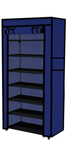 Image of Multi Utility 7 Layer Shelf Collapsible Metal Pipes with Non-Woven 100GSM Fabric Cover for Shoe /Cloth /Toy /Books Rack (Dark Blue, Metal)