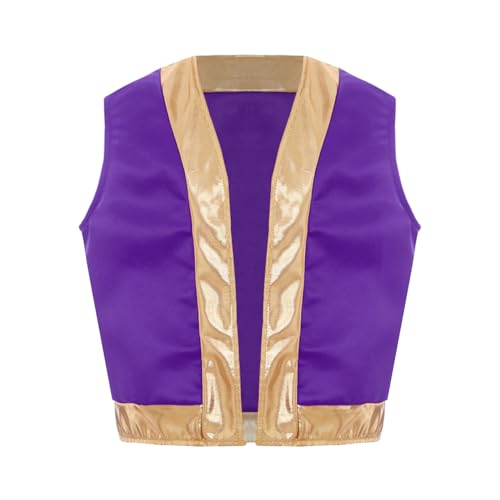 Kids Girls Boys Arabian Prince Princess Vest Sleeveless Open Front Crop Jacket Metallic Trim Waistcoat
