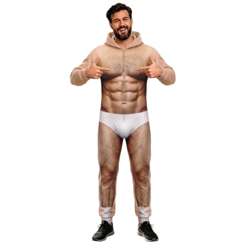 Men Funny Christmas Zip Up Jumpsuit Fake Skin Body Hair Print Hooded Onesie - image 1