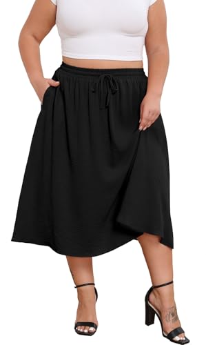 Lastshe Women's Plus Size Midi Skirts Elastic High Waisted Casual Loose Boho A-Line Flowy Skirt with Pockets4