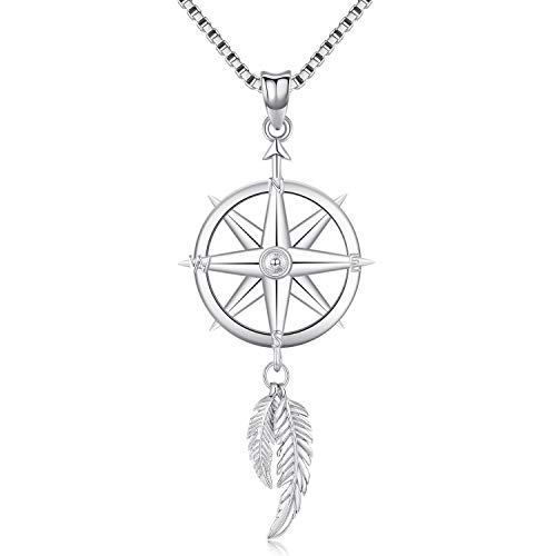 Preisvergleich Produktbild 925 Sterling Silber Anhänger für Frauen, Friggem zierliche Dreamcatcher Halskette, Freundschaft Schmuck Geschenke für Mama, Mädchen und beste Freunde - Kette 46cm (Sternenkompass-Halskette)