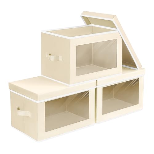 Image of Homsorout Storage Bins with Lids - Small Fabric Organizers with Window, Collapsible Storage Bins for Clothes, Decorative Closet Organizers for Towels, Tshirt, 3 Pack, Beige