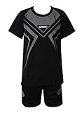 Jowowha Kinder Sport Kleidung Set Jungen Mädchen Sports Trikots Kurzarm T-Shirt und Shorts Sport Trainingsanzug Fussball Basketball Kleidung M Schwarz 140-152