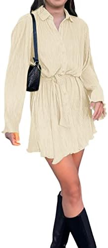LYANER Women's Collar V Neck Button Down Pleated Long Sleeve Mini Shirt Dress with Belt