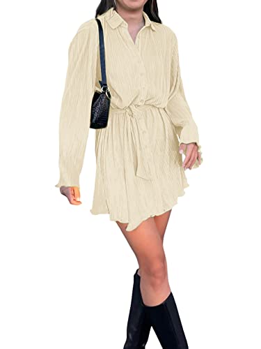LYANER Women's Collar V Neck Button Down Pleated Long Sleeve Mini Shirt Dress with Belt