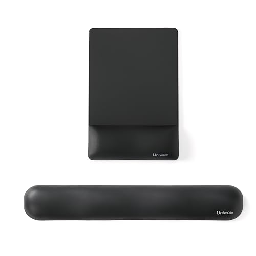 Image of UnivoColors Design-Wave Set of Keyboad Wrist Rest & Mouce Pad,Artificial Sheepskin+Memory Foam+Ergonomic+Anti-Slip Gel, Resilience Support During Work and Gaming,Keyboard Accessory,Black