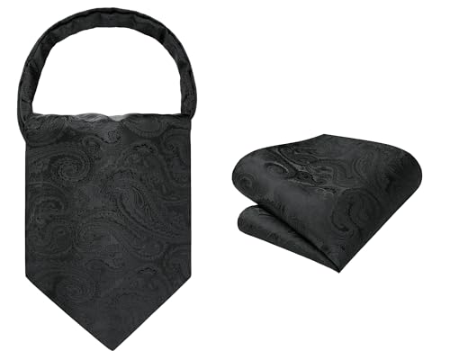 Image of HISDERN Ascot Ties for Men Paisley Floral Ascot and Pocket Square Set Classic Self Tie Mens Cravat Handkerchief for Wedding