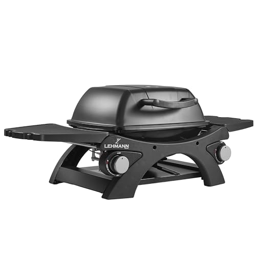 LEHMANN Gasgrill Tragbarer Tischgasgrill mit 2 Brenner Thermometer & Seitentischen klappbar Gusseisen Grillrost mit 1638 cm Grillfläche Tischgrill für Outdoor BBQ Balkon- & Campinggrill