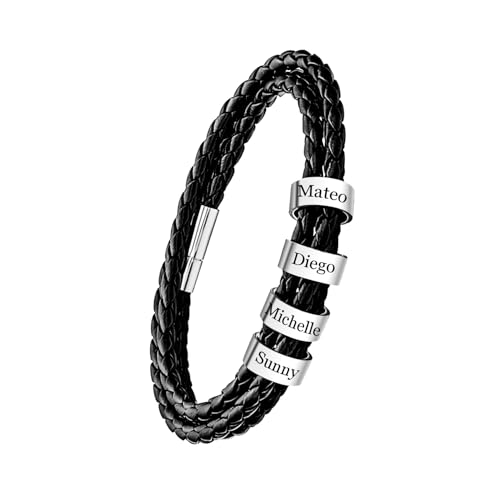 Personalized Braided Leather Bracelets for Men Custom Name Bracelets for Dad Engraved 1-6 Names Father Bracelet Gifts for Fathers Day Christmas Birthday Boyfriend Grandpa