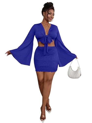 Image of LYANER Women 2 Piece Vacation Outfits Tie Knot Front Bell Long Sleeve Crop Top and Mini Skirt Summer Set