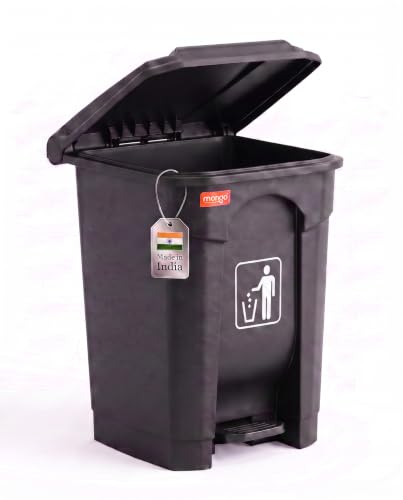 Image of pedal dustbin with lid, heavy duty plastic garbage bin, hands-free step-on waste bin for kitchen, office, home, hotel, bathroom & outdoor use (Jet Black, 35 Liters)
