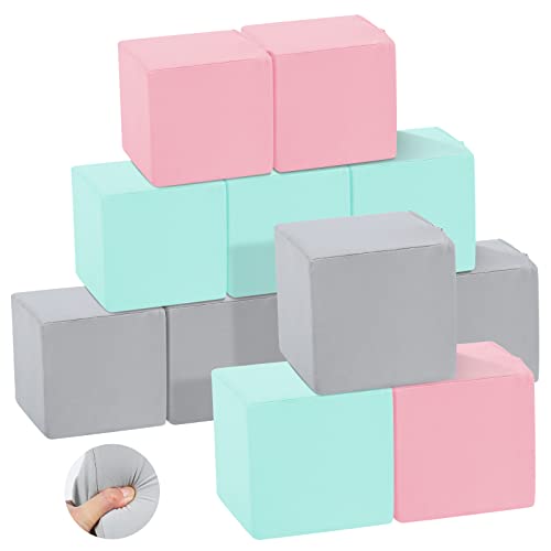 Trendbox 12 Pcs Toddler Foam Blocks, 5.5Inch Soft Foam Cubes Blocks With Detachable Washable Cover, Soft Play Blocks For Toddlers And Kid（Light Gray/Pink/Blue #TOP25