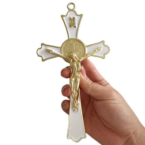 BONITTER Golden St Benedict Crucifix Metal Wall Art 7.8x4.1 Inch Cross Blue/White/Black/Red Wall Decor Saint Benedic Cross for Home Decoration Catholic Gift (White)