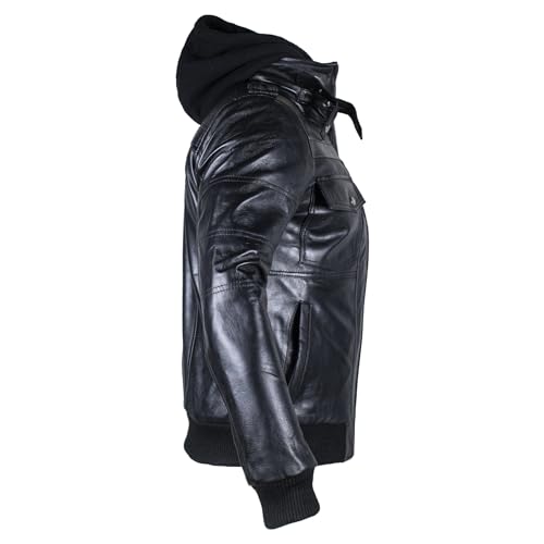 Image of Hooded Leather Jacket For Men | Bomber Leather Jacket Mens with Removable Hood