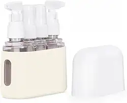 Kit 4 Frascos para Viagem Com Case – Frascos Portáteis Reutilizáveis para Shampoo, Cremes e Cosméticos – Mini Potes para Mala de Mão e Avião - acompanha Case de Silicone com Tampa (Bege)