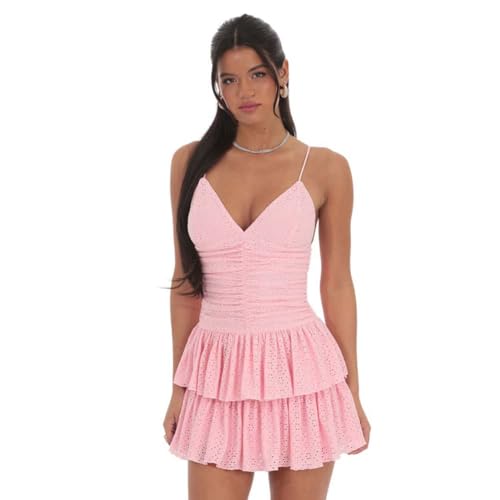 Image of YOXUA Women's Deep V-Neck Spaghetti Strap Casual Tiered Mini Dresses Summer Layer Ruffle Hem Short Dress