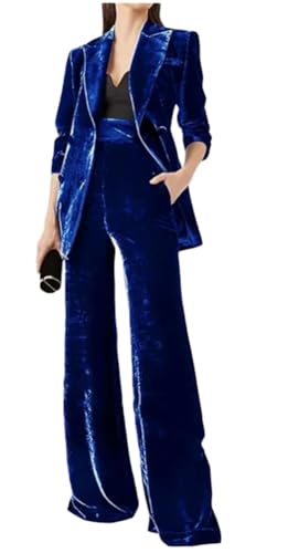 Traje de terciopelo de 2 piezas para mujer, traje de trabajo de oficina, solapa de pico, chaqueta de doble botonadura, conjunto de traje de negocios, azul real, XL