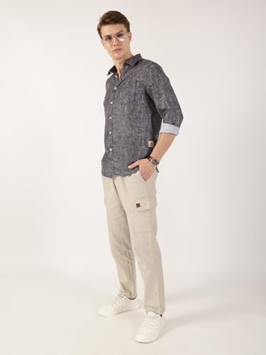 Image of Thomas Scott Men's | Printed | Textured Fabric | Full Sleeve | Regular Fit | Linen Blend | Single Pocket | Spread Collar | Casual Shirt