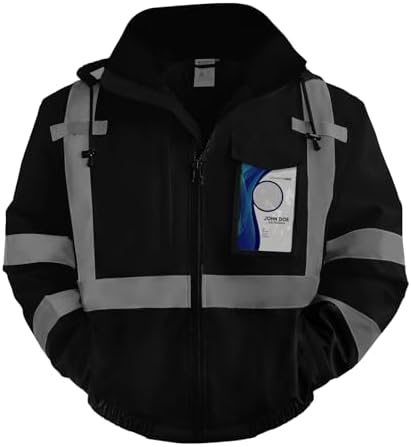 TCCFCCT High Visibility Jacket Waterproof Hi Vis Jacket for Men & Women, Warm Reflective Jackets for Men with Pockets, Construction Coats for Cold Weather, High Vis Rain Gear for Safety, J-Black, L