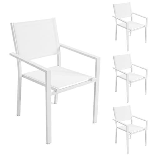 MONTY Set de 4 Sillas Thais de Aluminio y Textileno Blanco, Apilables, Ligeras y Resistentes, Tratamiento Anticorrosión para Exteriores, 56x56x86 cm