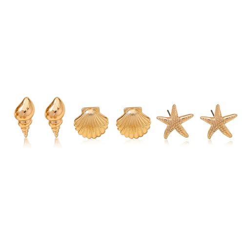Gold Starfish Shell Earrings for Women Set 3 Pairs Summer Beach Vacation Earrings for Women Ocean Jewelry