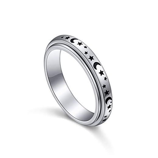 S925 Sterling Silver Spinner Fidget Anxiety Worry Relieving Boredom ADHD Autism Band Rings Moon Stars Jewelry Men Women