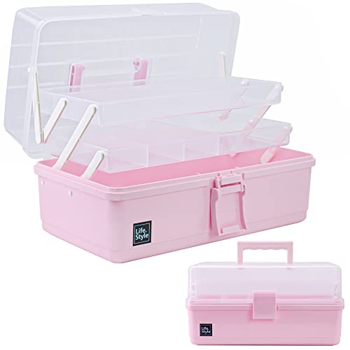 Creahaus 13 inch Art Craft Organizer Storage Box with 3 Layer, Multipurpose Plastic Tool Box with Handle for Sewing, Art Supply, Medicine, Nail, Hair Accessories (Pink)