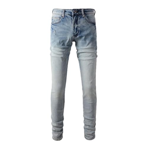 Men Classic Light Blue Stretch Denim Pants Streetwear Vintage Ripped Cotton Skinny Jeans Tapered Trousers