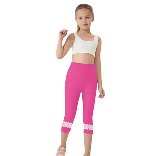 Girls Lace Trim Leggings Capri Pants Cropped Bottoms High Waist Stretchy Yoga Dance 3/4 Length Tights Trousers3