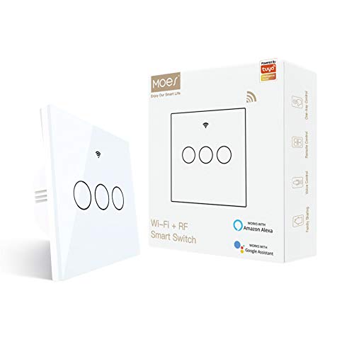 MOES WiFi RF433 Smart Light Switch, Tuya 1 Gang Single Live Wire Touch Switch, No Neutral Wire Required, Compatible with Smart Life App, Voice Control Available with Alexa or Google Home, 1