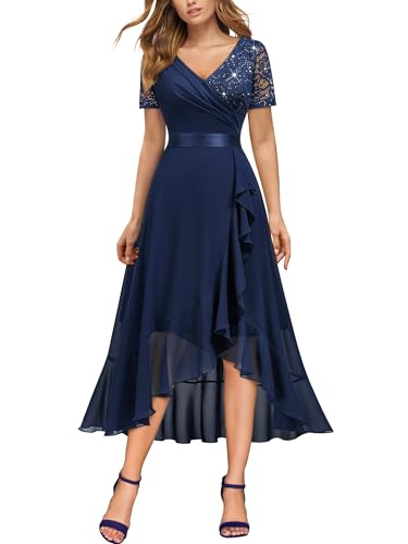 Miusol Women's Elegant V Neck Contrast Sequin Lace Chiffon Ruffle