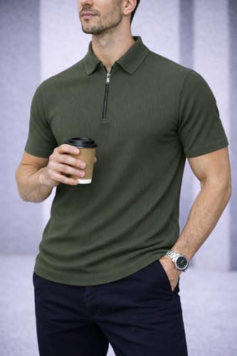 Image of Mack Jonney Men Ribbed Polo T-Shirt | Regular Fit | Half Sleeve | Zip Collar Casual T-Shirt-MJ-94