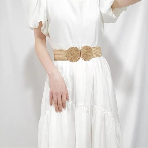 Straw Boho Belt Straw Woven Braided Wide Elastic Waist Belts for Dresses Fashion Double Circle Buckle Waistbands Ladies Belt4