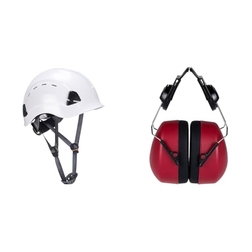 Portwest Height Endurance Vented Helmet, Size: One Size, Colour: White, PS63WHR & Clip-On Ear Protector, Size: One Size, Colour: Red, PW42RER