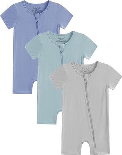 Image of Jimonda Boys Baby Girls Short Sleeve Romper Unisex Baby Footless Pajamas With Viscose 2-Way Zipper Front 3Pcs0-24Months