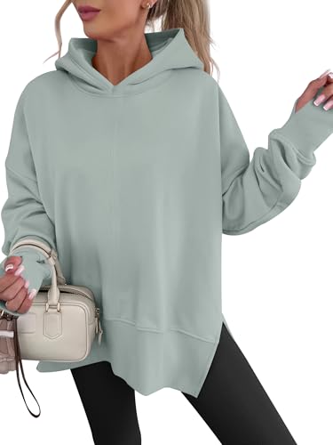 ANRABESS Womens Oversized Hoodies Long Sleeve Fleece Side Slit Hooded Sweatshirts Pullover 2026 Fall Outfits Y2K Clothes Sage Green Large