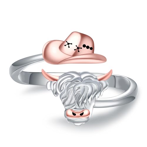 925 Sterling Silver Horse Highland Cow Western Hat Ring for Women Adjustable Dainty Horseshoe Ring Scottish Highland Cattle Ring for Daughter Adorable Equestrian Birthday Chiristmas Jewelry Gift for Granddaughter (Highland Cow Hat)