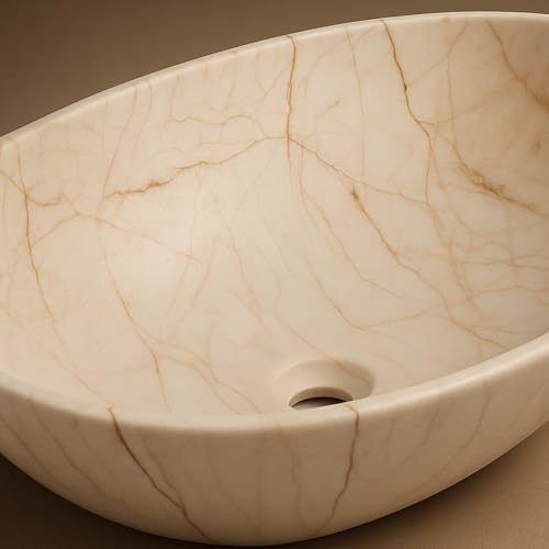Image of Ceramic Tabletop Wash Basin - Glossy Bowl Shape Countertop Vessel Sink with Marble Finish for Bathroom & Vanity | Compact 16 x 13 x 5 Inch | Elegant Washbasin
