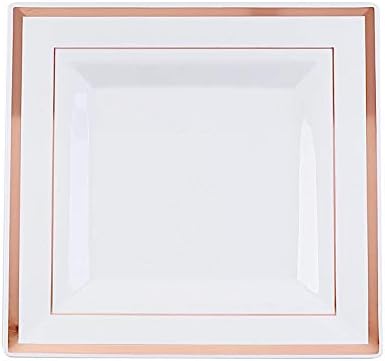 BalsaCircle - 20 platos cuadrados de plástico de 10 pulgadas, color blanco con ribete de oro rosa, vajilla desechable para bodas, fiestas,