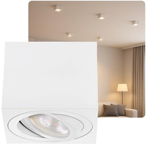 Dulce Led, Foco empotrable plano de 50mm giratorio cuadrado incl. Módulo LED 5W, Lámpara de techo de aluminio, Foco de superficie, Spot de montaje (Blanco - Blanco cálido)