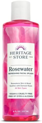 Heritage Store Rosewater, Refreshing Facial Splash for Glowing Skin, with Damask Rose, All Skin Types, Rose Water for Face Made Without Dyes or Alcohol, Vegan & Cruelty Free, 8 oz