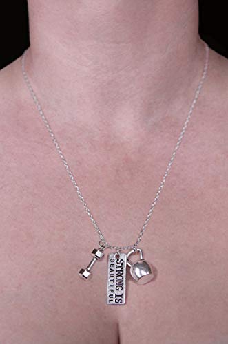 Art Attack Strong Is Beautiful Workout Gym Chain Necklace, Barbell Dumbbell Weight Exercise Victorious Brave Smart Wonderful Pendant Charm (Silver)3