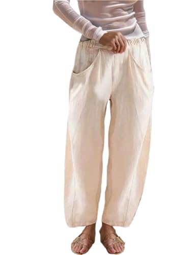 Akivide Womens Cotton Linen Wide Leg Pants Casual Loose Elastic High Waisted Beach Palazzo Harem Pants with Pockets