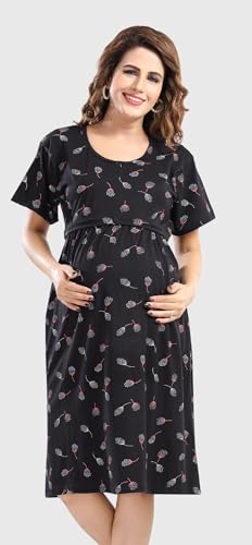 Image of Fabme Women's Above Knee Length Printed Pre and Post Pregnancy Pure Cotton Nursing Nightdress Nighty